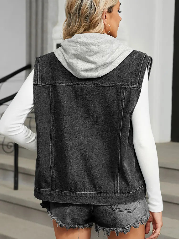 Colete de Denim com Capuz e Design Sem Mangas