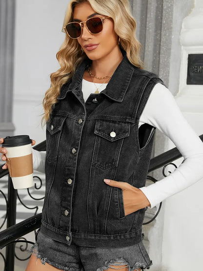 Colete de Denim Lavado Sem Mangas