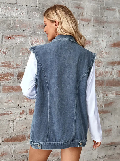 Cardigan Sem Mangas em Denim Lavado