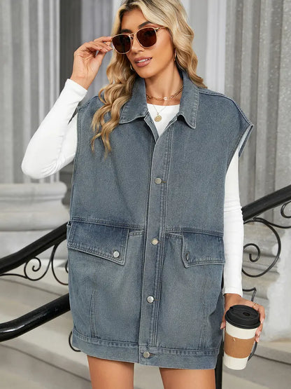 Colete de Denim com Bolsos Soltos Lavado