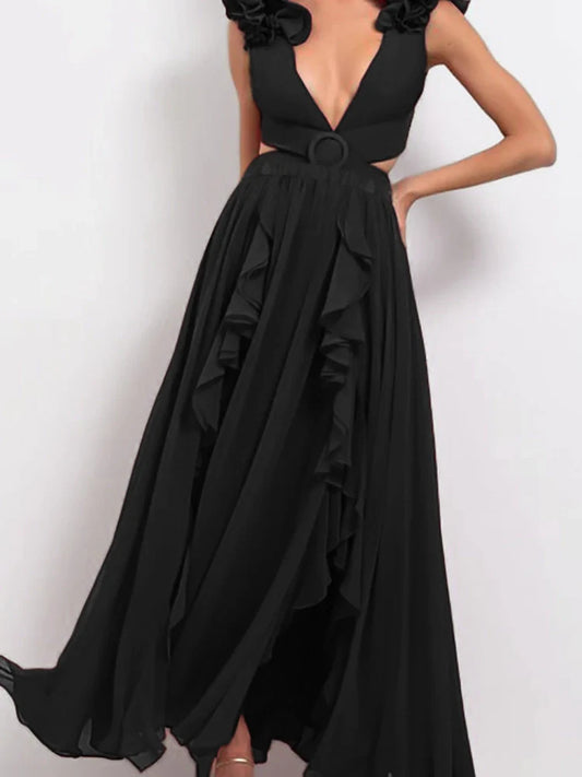 3D Floral Shoulder Detail Hollow Black Set