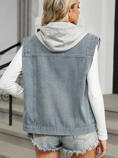 Colete de Denim com Capuz e Design Sem Mangas