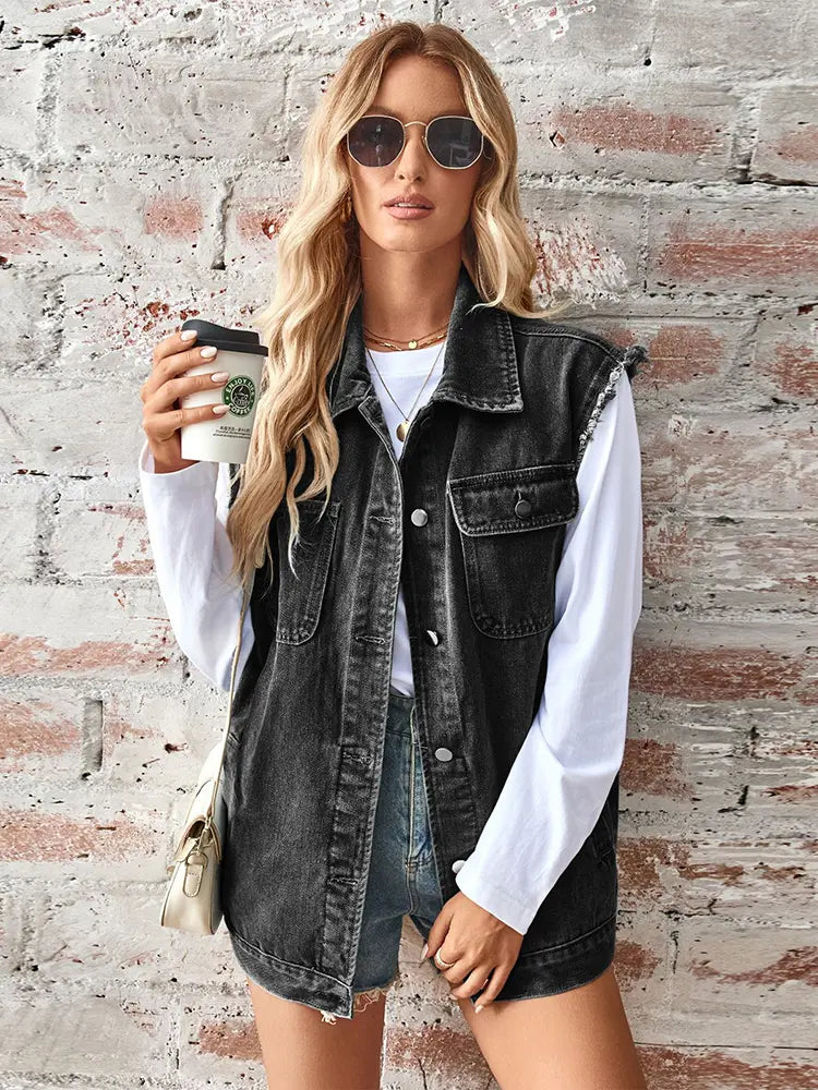 Cardigan Sem Mangas em Denim Lavado