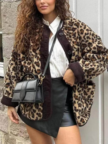 Casaco casual solto com estampa de leopardo e manga comprida