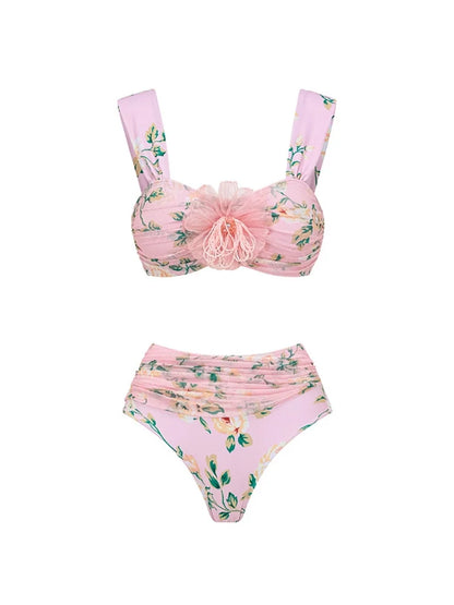 Pink Floral Bikini with 3D Crystal Flowers
