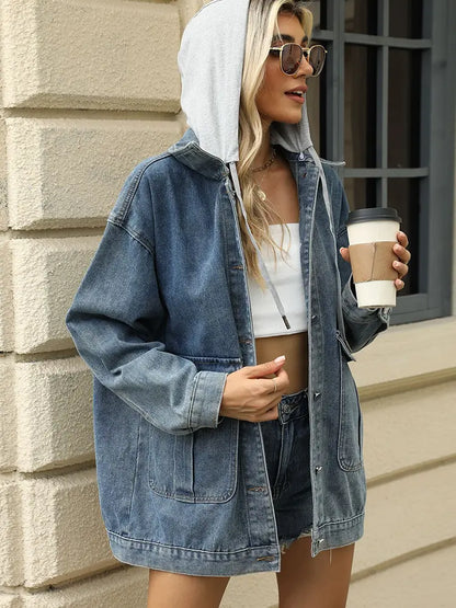 Casaco de Denim Casual com Capuz
