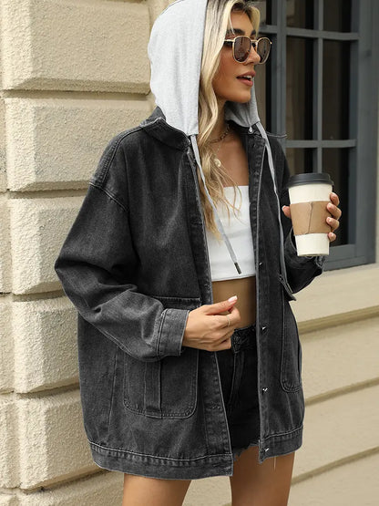Casaco de Denim Casual com Capuz