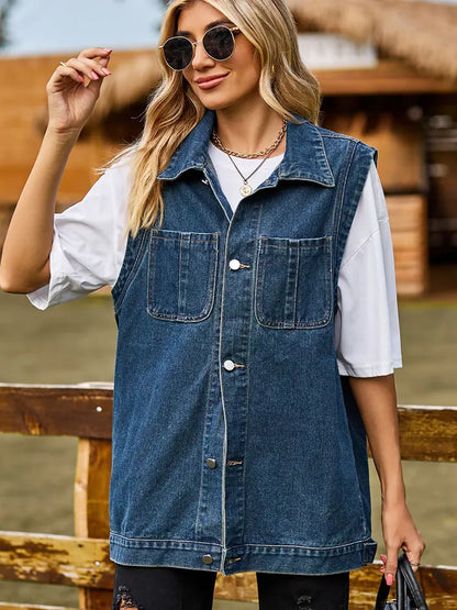 Colete de Denim Sem Mangas Chic