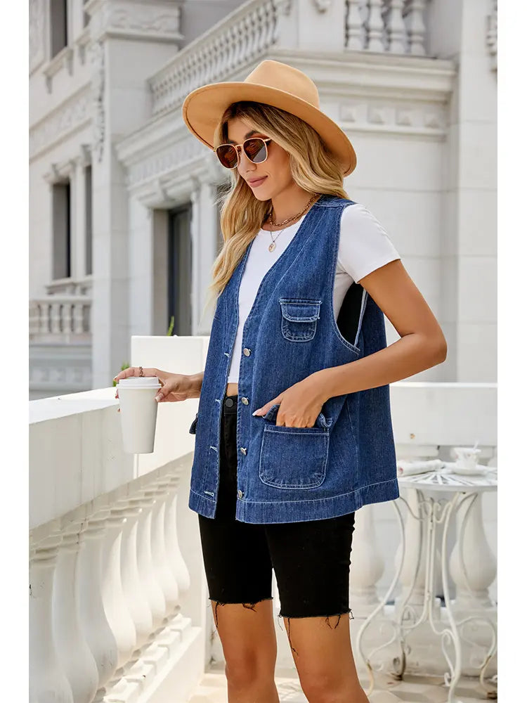 Colete de Denim Lavado com Múltiplos Bolsos