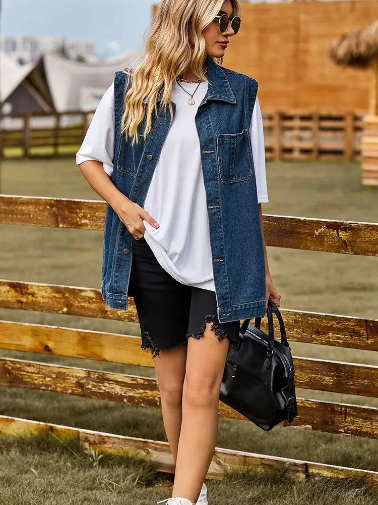 Colete de Denim Sem Mangas Chic