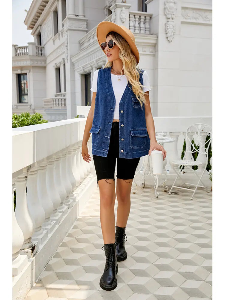 Colete de Denim Lavado com Múltiplos Bolsos
