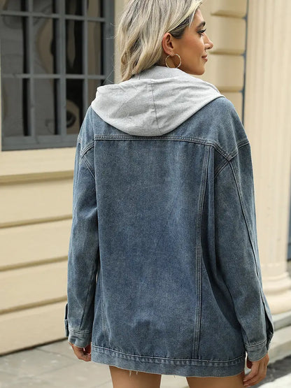 Casaco de Denim Casual com Capuz