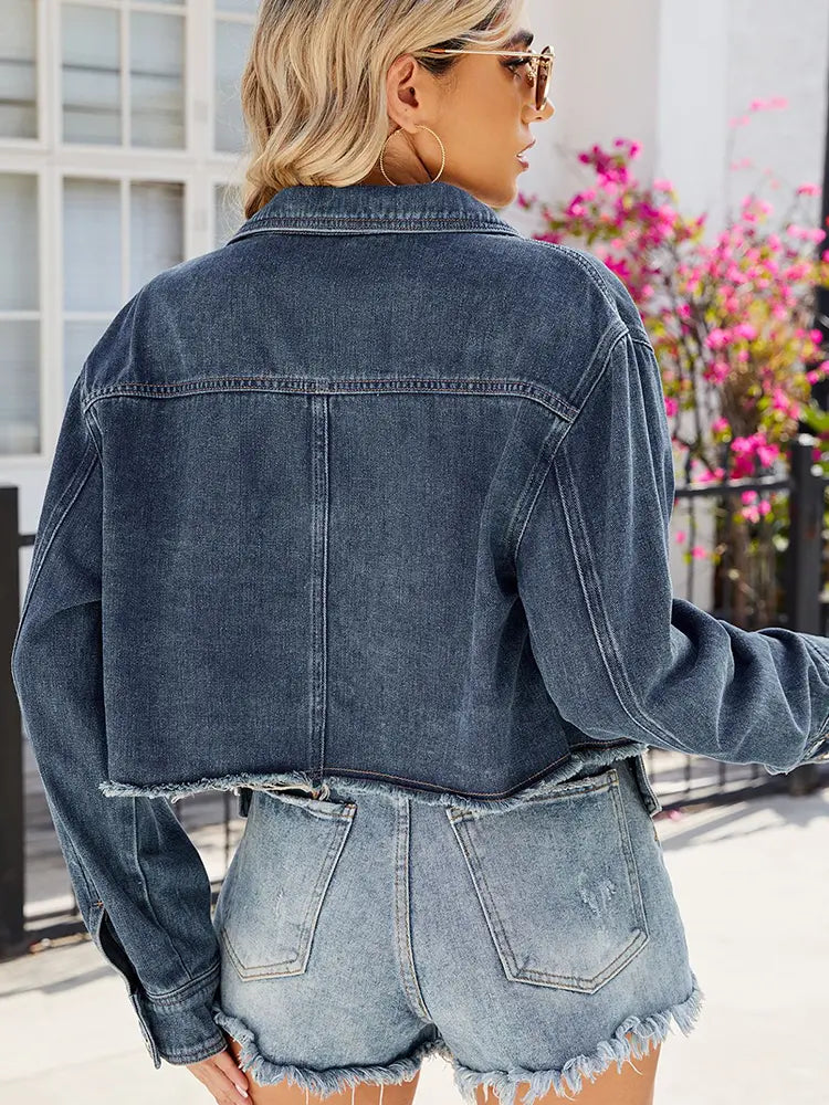 Casaco de Denim Casual Cortado com Bainha Desfiada
