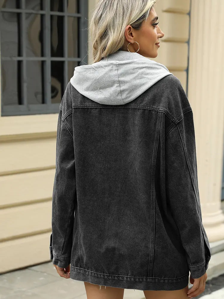 Casaco de Denim Casual com Capuz