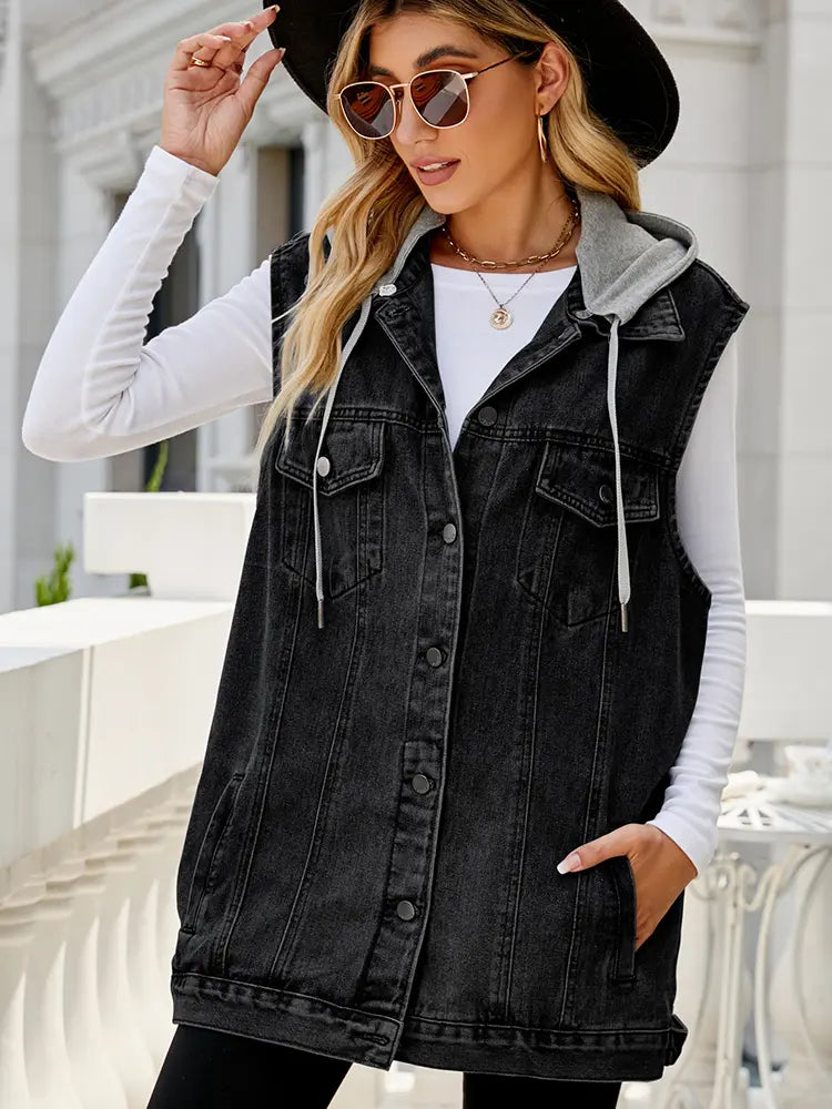 Colete de Denim com Capuz Destacável Vintage