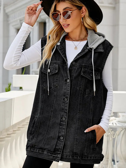Colete de Denim com Capuz Destacável Vintage