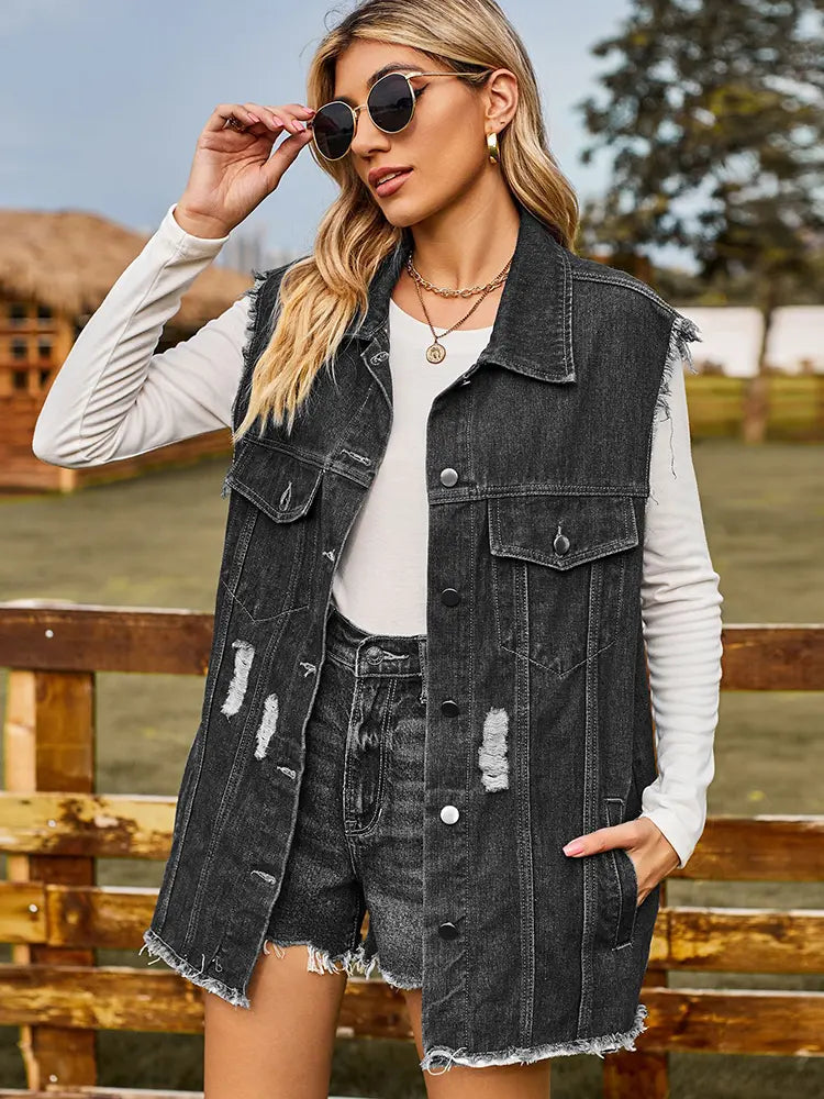 Colete de Denim Sem Mangas Trendy de Verão