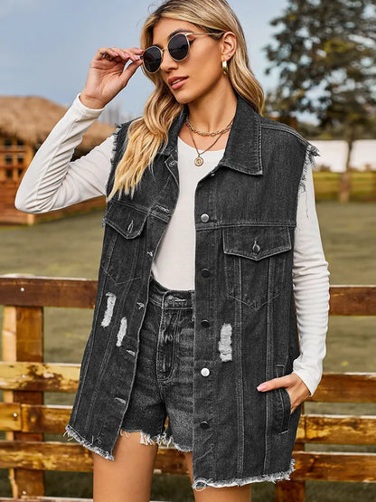 Colete de Denim Sem Mangas Trendy de Verão
