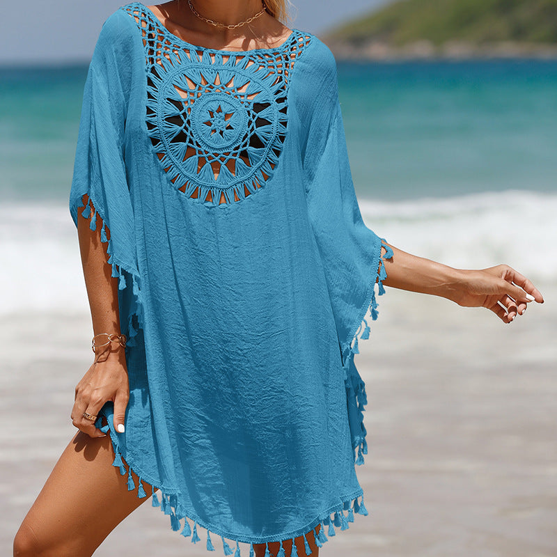 Blusa de praia de girassol com franja solta em crochê à mão