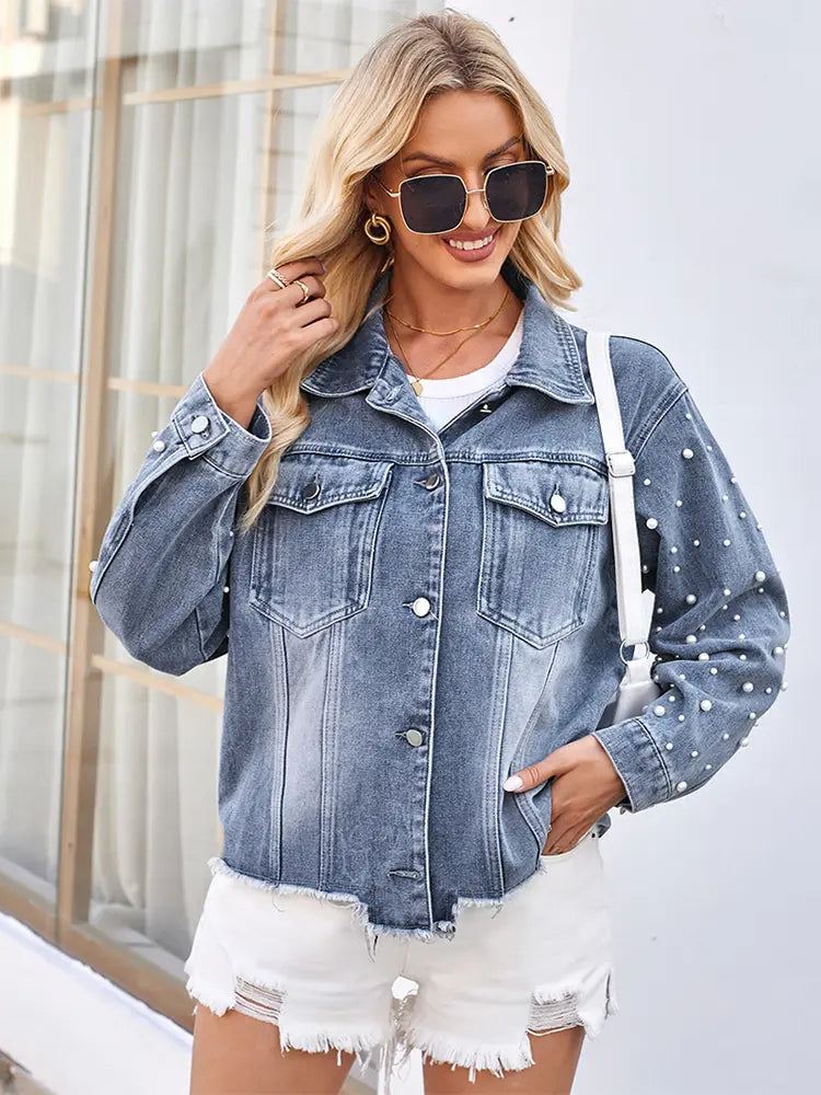Casaco de Denim Lavado com Contas