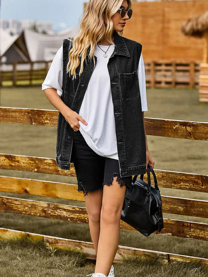 Colete de Denim Sem Mangas Chic