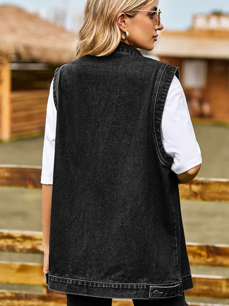 Colete de Denim Sem Mangas Chic