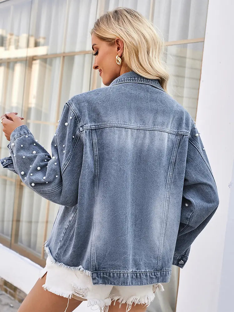 Casaco de Denim Lavado com Contas
