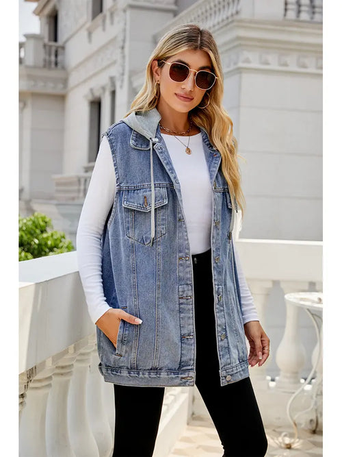 Colete de Denim com Capuz Clássico