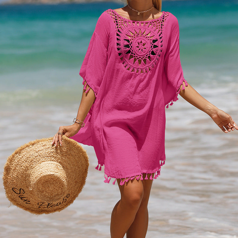 Blusa de praia de girassol com franja solta em crochê à mão
