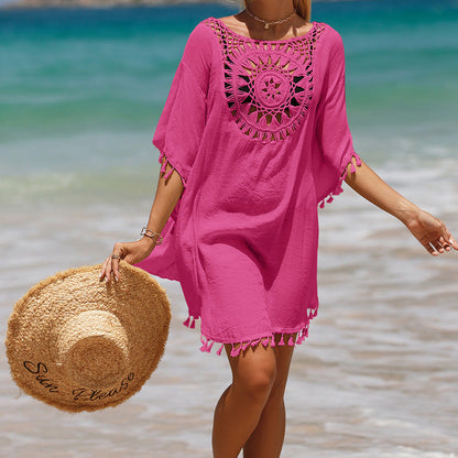 Blusa de praia de girassol com franja solta em crochê à mão