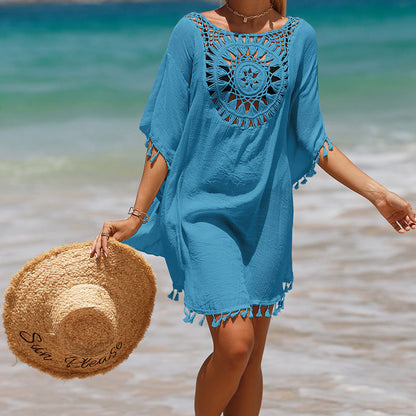 Blusa de praia de girassol com franja solta em crochê à mão