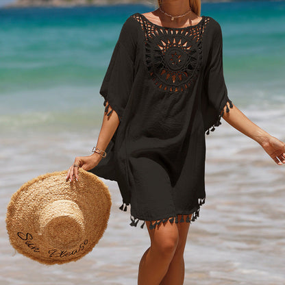 Blusa de praia de girassol com franja solta em crochê à mão