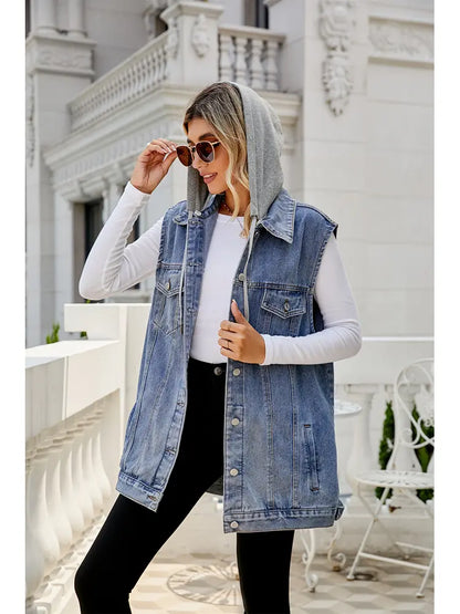 Colete de Denim com Capuz Clássico