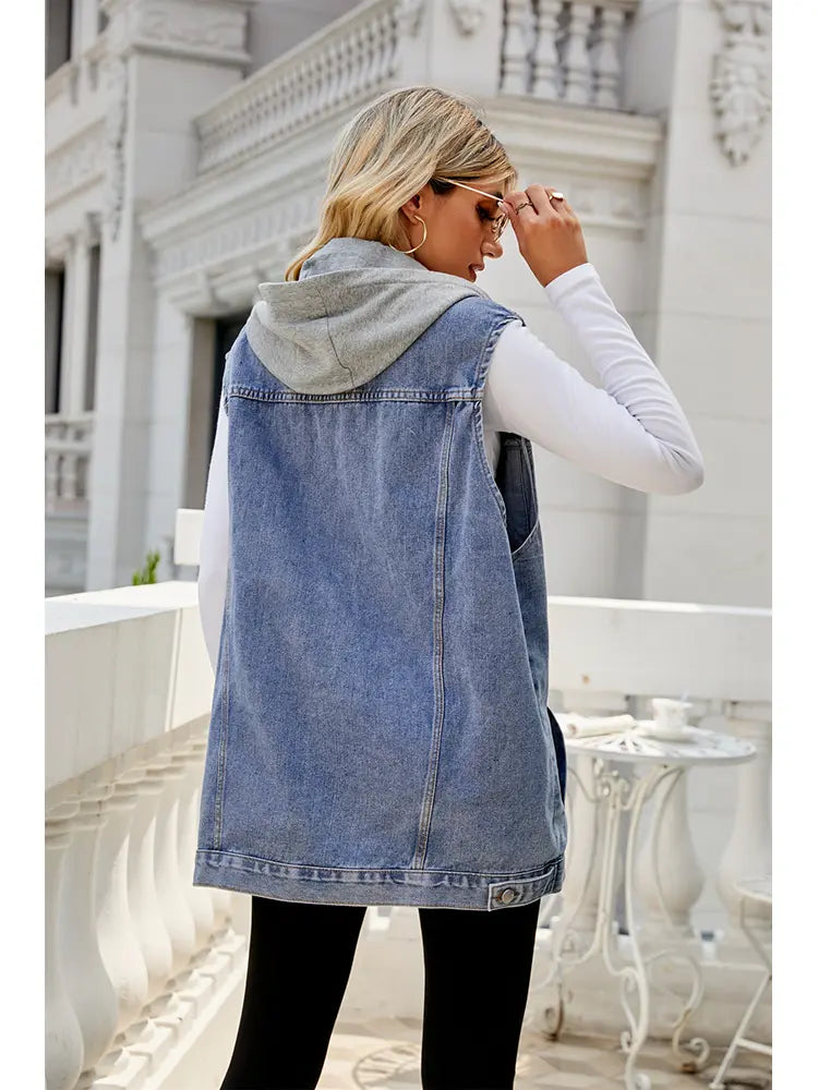 Colete de Denim com Capuz Clássico