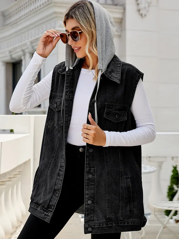 Colete de Denim com Capuz Clássico