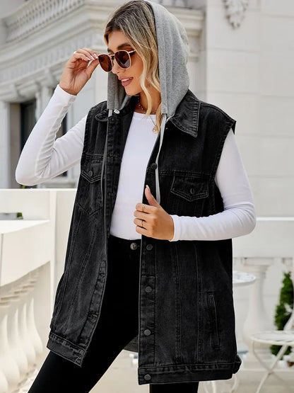 Colete de Denim com Capuz Clássico