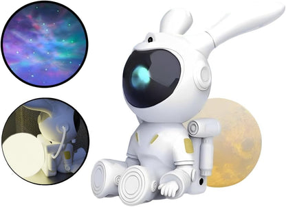 Luminária Infantil Coelho Astronauta Projeta Galáxia Estrelas e Lua – Magia e Encanto - Decoração Sonhadora