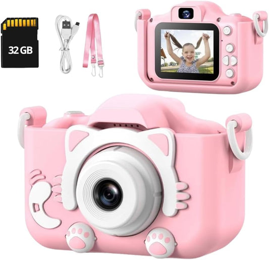 Câmera Digital Infantil 1080p + Cartão MicroSD 32 GB Incluso – Portátil, Recarregável, Tela LCD, Games, Antichoque – Presente Educativo para Crianças (Rosa)