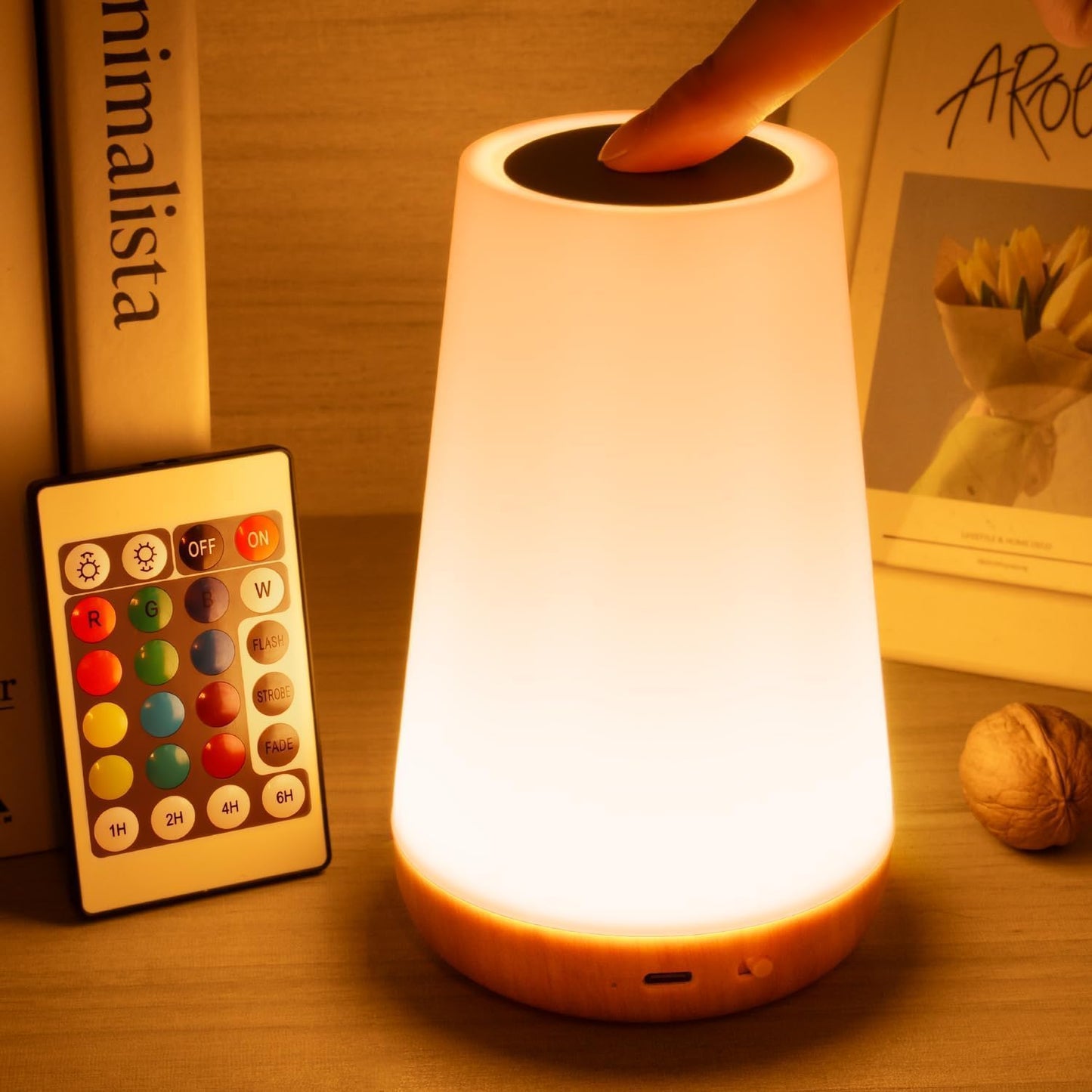 Luminária de Mesa LED Toque & Controle Remoto - Regulável, RGB 13 Cores, 5 Níveis de Brilho, Recarregável, Portátil - Lâmpada de Cabeceira USB, Abajur Infantil e para Quarto