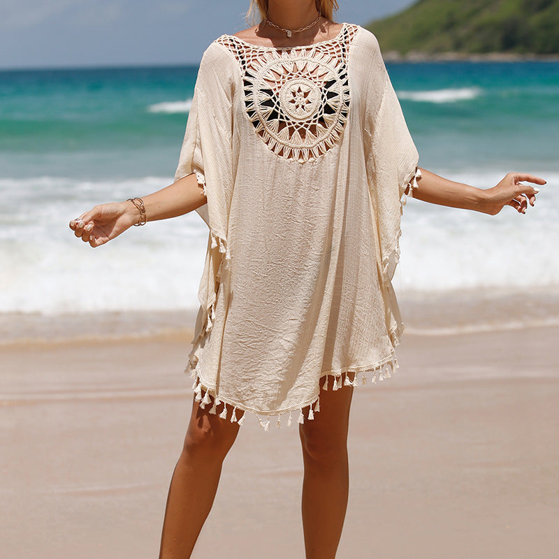 Blusa de praia de girassol com franja solta em crochê à mão