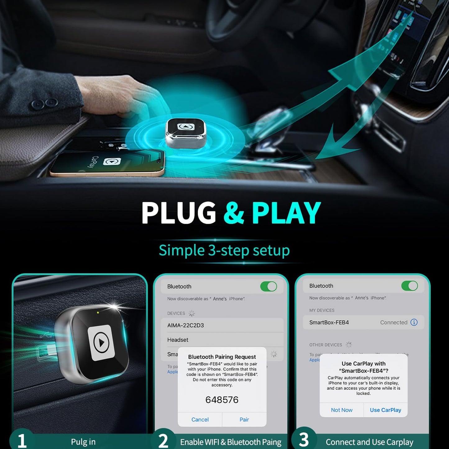 Adaptador CarPlay sem fio para iPhone – Design Mini USB, Plug & Play, conexão automática, converte com fio para CarPlay sem fio em segundos, compatível com iOS 10+ (atualização 2025) para carros 2016+
