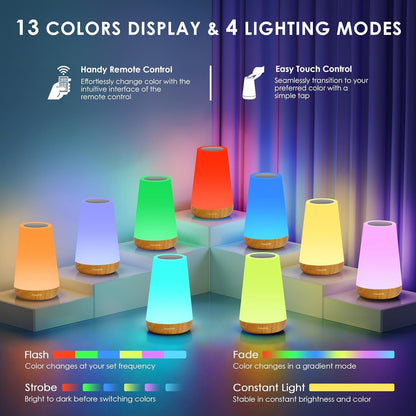 Luminária de Mesa LED Toque & Controle Remoto - Regulável, RGB 13 Cores, 5 Níveis de Brilho, Recarregável, Portátil - Lâmpada de Cabeceira USB, Abajur Infantil e para Quarto