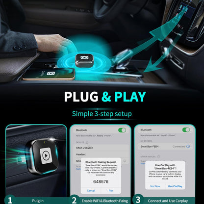 Adaptador CarPlay sem fio para iPhone – Design Mini USB, Plug & Play, conexão automática, converte com fio para CarPlay sem fio em segundos, compatível com iOS 10+ (atualização 2025) para carros 2016+