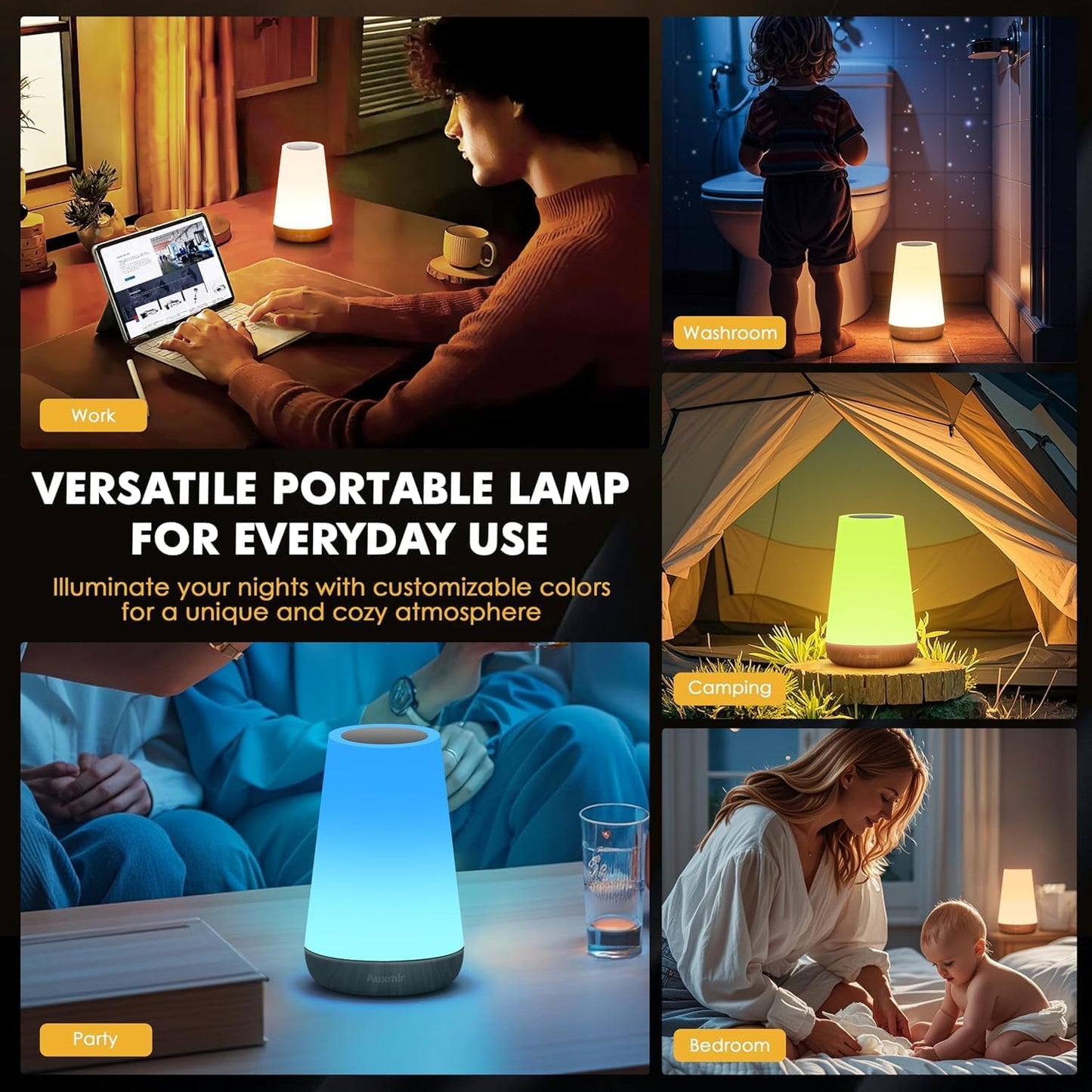 Luminária de Mesa LED Toque & Controle Remoto - Regulável, RGB 13 Cores, 5 Níveis de Brilho, Recarregável, Portátil - Lâmpada de Cabeceira USB, Abajur Infantil e para Quarto