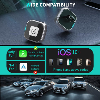 Adaptador CarPlay sem fio para iPhone – Design Mini USB, Plug & Play, conexão automática, converte com fio para CarPlay sem fio em segundos, compatível com iOS 10+ (atualização 2025) para carros 2016+