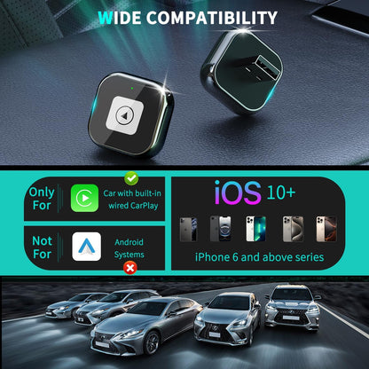 Adaptador CarPlay sem fio para iPhone – Design Mini USB, Plug & Play, conexão automática, converte com fio para CarPlay sem fio em segundos, compatível com iOS 10+ (atualização 2025) para carros 2016+