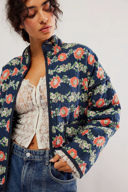 Jaqueta de algodão com estampa de flores e clipe de bolso