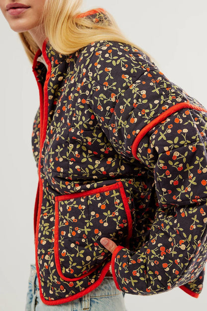 Jaqueta de algodão com estampa de flores e clipe de bolso