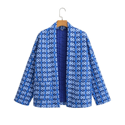 Jaqueta acolchoada com bolsos com estampa floral com padrão geométrico