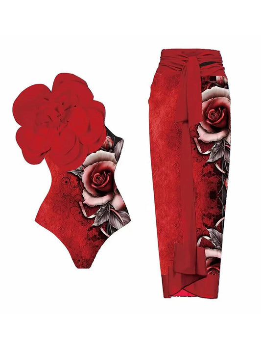 3D Red Floral Print One-Piece Swimsuit Set